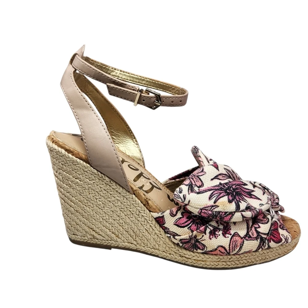 Sam Edelman Aubrey Pink Multi Floral Wedge Sandal Size 7.5 Cottagecore Garden
